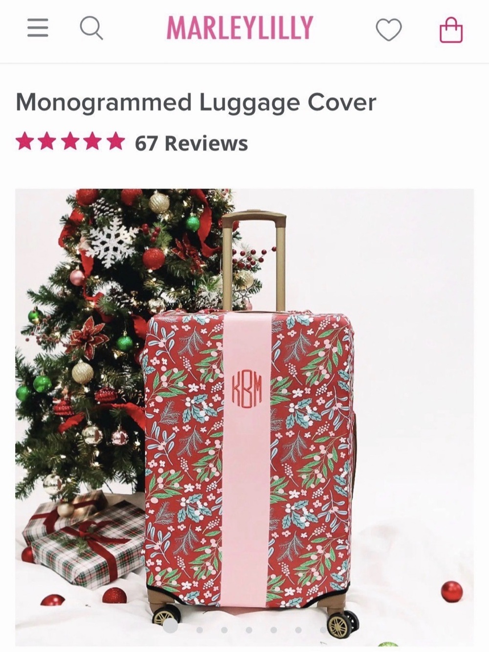 Red Floral Monogrammed Luggage Cover with Pink Monogram “L”.